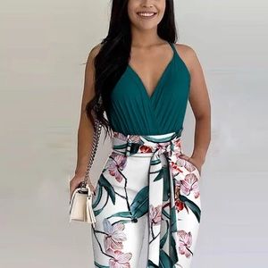 2 Pieces Plain Ruched Top & Floral Print